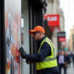 Technician installing large printed vinyl banner in London store